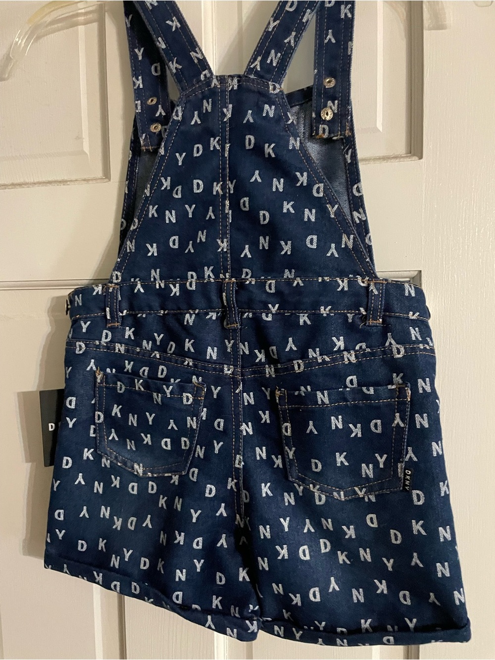 DKNY Navy Denim Logo Overall Shorts